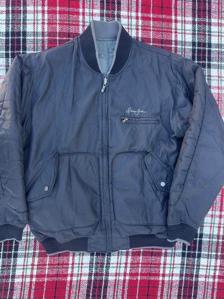Vintage Y2K Sean John Quilted Bomber Jacket Reversible Gray Black Sz L