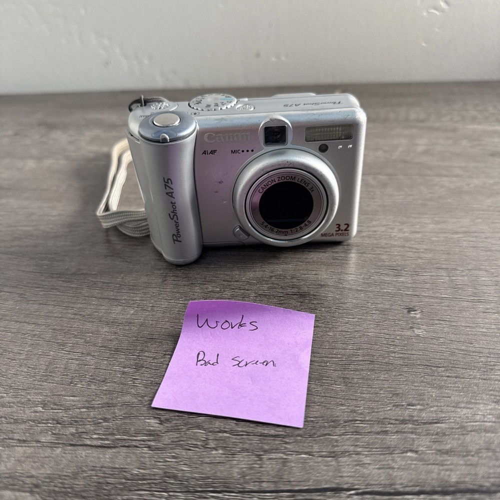 Canon PowerShot A75 3.2MP Digital Camera Silver 3x Optical Zoom WORKS BAD SCREEN