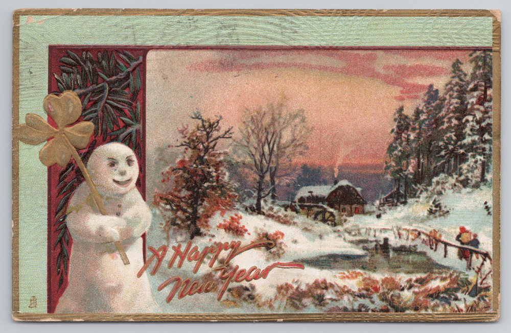 New Year Tucks Postcard Fantasy Snowman with Four Leaf Clover Series 139-image