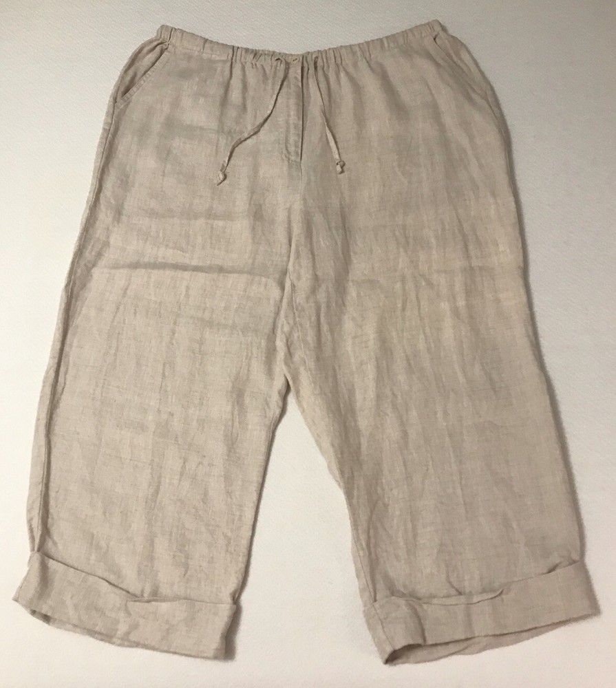 Linen Crop Pants Women 18 Beige Straight Boho Beachy Coastal Lagenlook Minimal