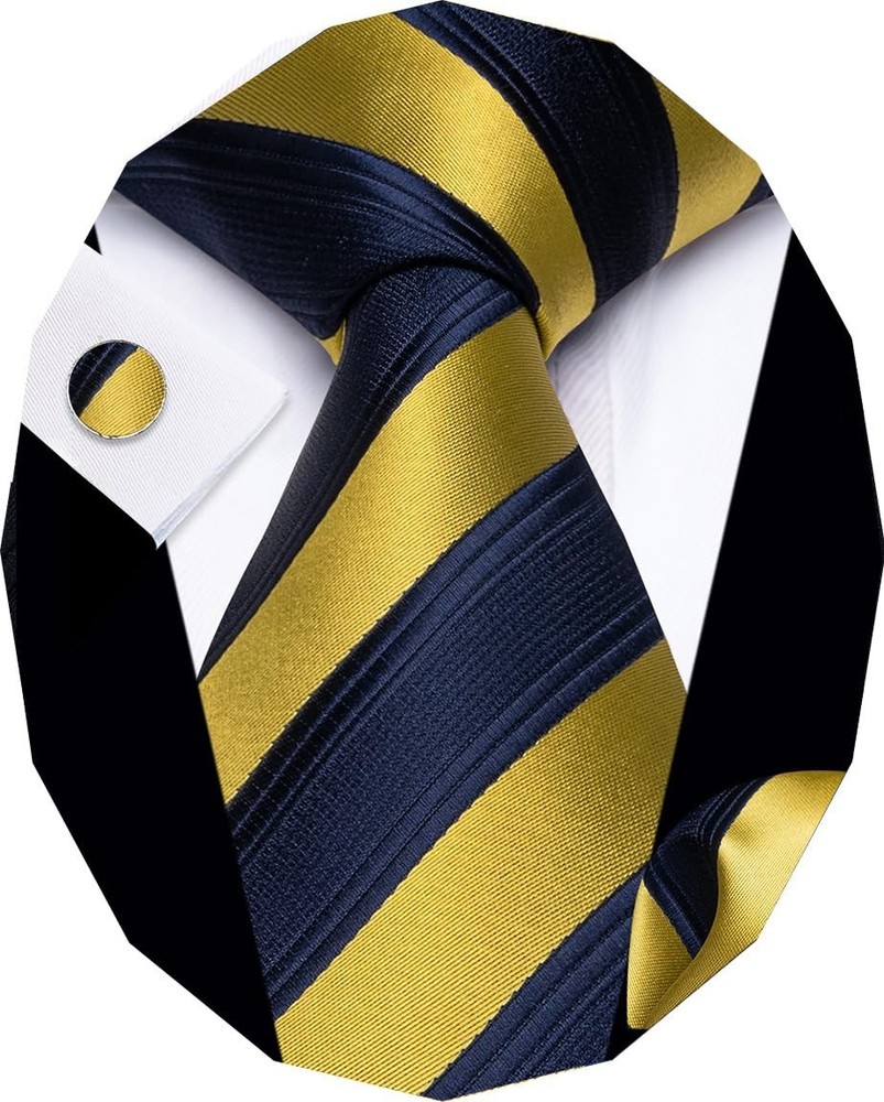 Blue Yellow Ties for Men Striped Tie Woven Silk Necktie Handkerchief Cufflink...
