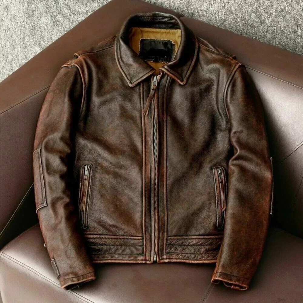 Vintage Brown Distressed Leather Cafe Racer Biker Jacket for Men