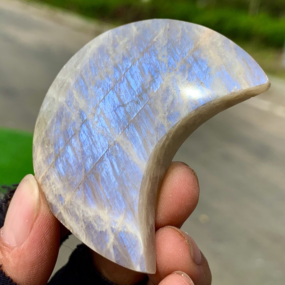 48G Natural blue Moonstone oval-shape rainbow gold sand crystal mineral healing