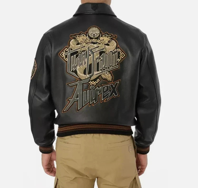 Men’s Avirex Black Real Bomber American Flight Jacket Leather Jacket for Men