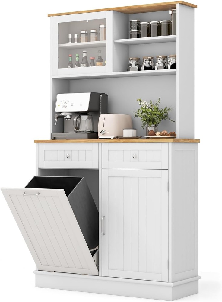 Tall Kitchen Pantry Cabinet, Wood Sideboard Cupboard with Microwave Countertop