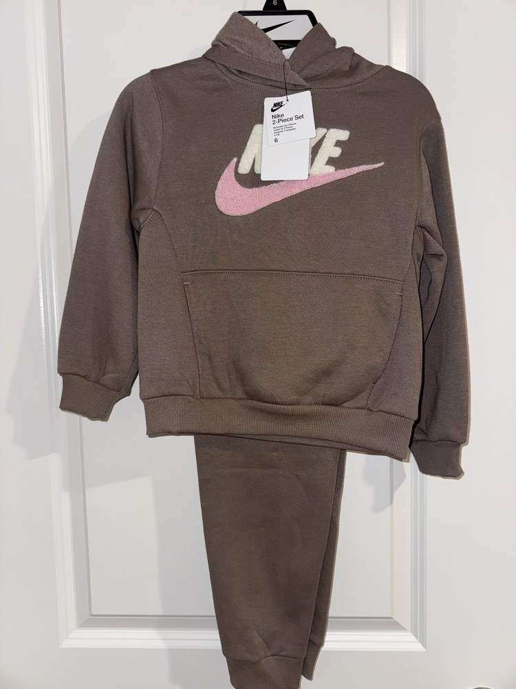 Nike Youth Girls Brown Pink Hoodie & Sweatpants Jogger Set Fleece Comfy Size 6