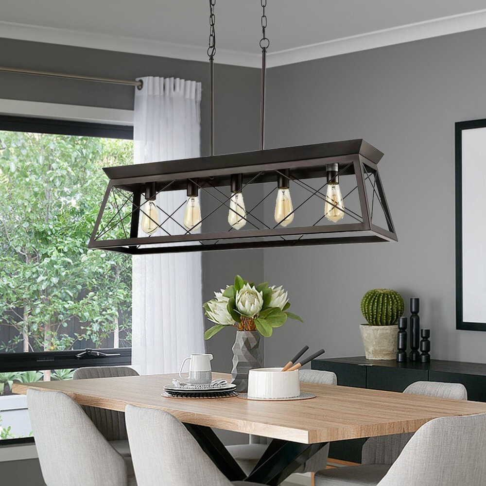 Retro Rectangle Chandelier 5-Lights Linear Pendant Lamp Hanging Ceiling Lamps