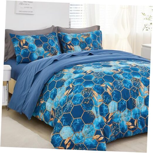 Marble Comforter Set Queen Size Blue and Gold Geometric Bedding Set 5 Piece