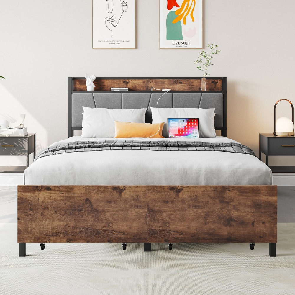 Metal Bed Frame with Storage Headboard and 2 Drawers for Added Functionality