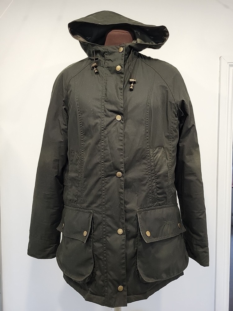Barbour Retail Beadnell Parka Womens UK 12 Olive Green Sherpa Hooded Waxed Light