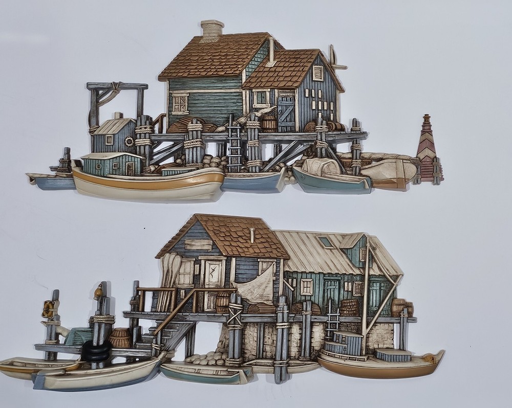 1977 VTG Burwood Products Wall Hangings Seaside Wharf Boat Dock 1506&1505 Pair/