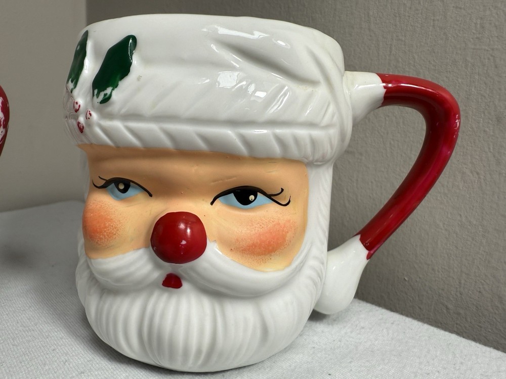 Vintage 1960s Mid-Century Santa Face Mugs (Set of 2) Blue Eyes, Red Nose- Japan