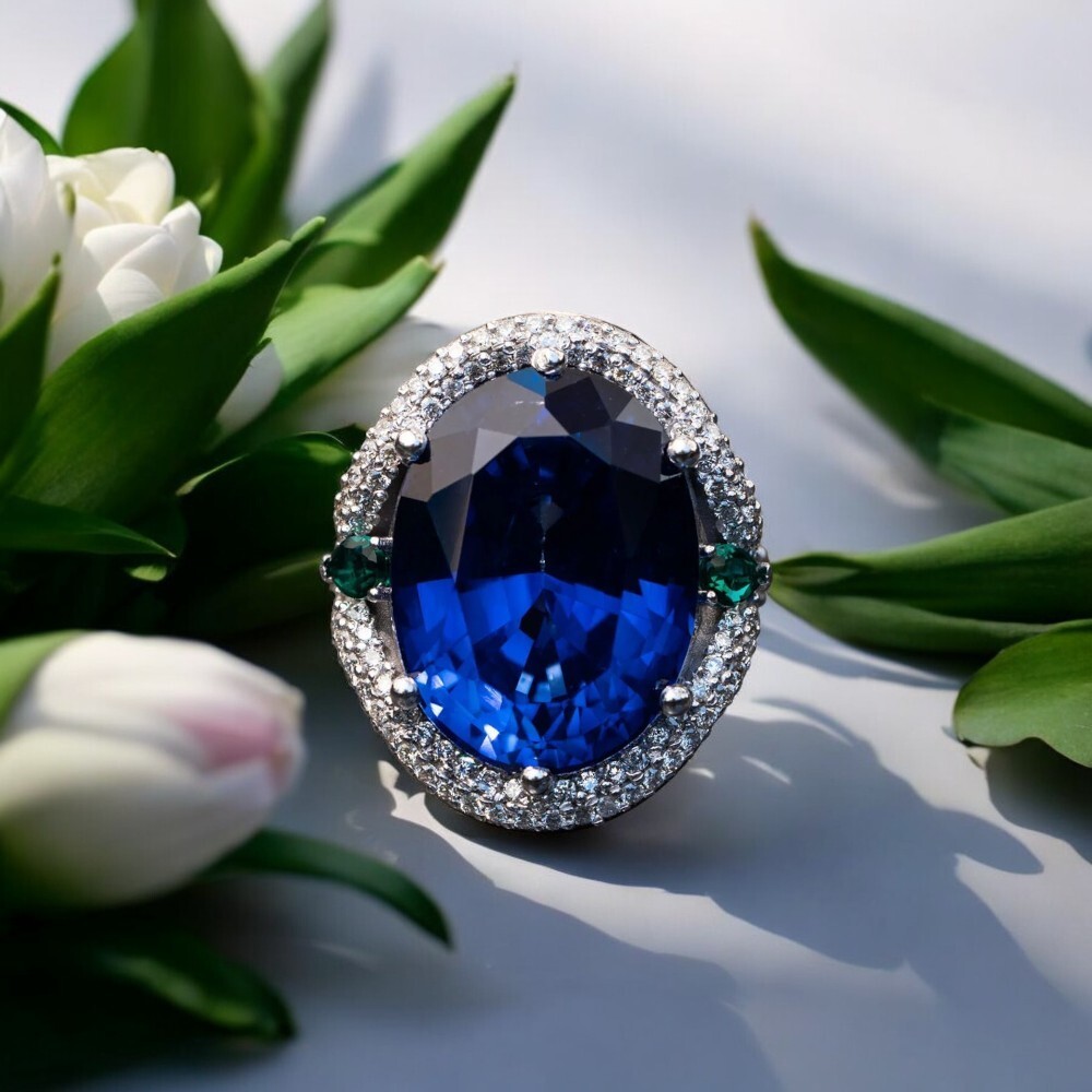 Platinum Wedding Ring Oval Cut Lab Grown Blue Sapphire 24.85 Ct Natural Diamond