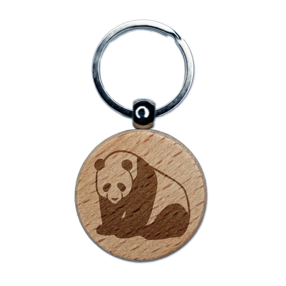 Cute Giant Panda Bear Sitting Engraved Wood Round Keychain Tag Charm