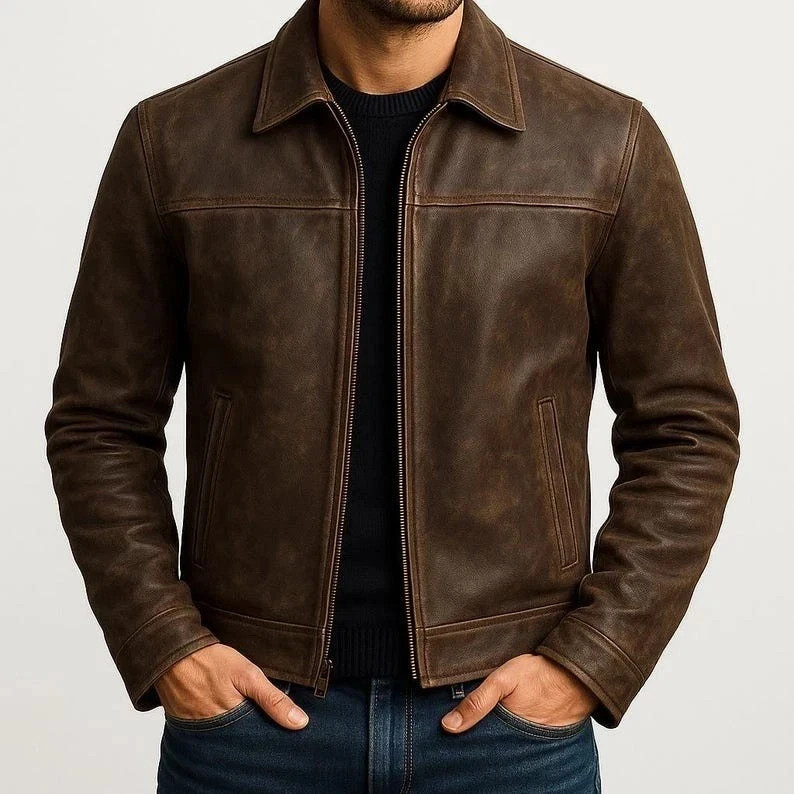 Men's Real Motorcycle Cafe Racer Distressed Brown Genuine Leather Biker Jacket