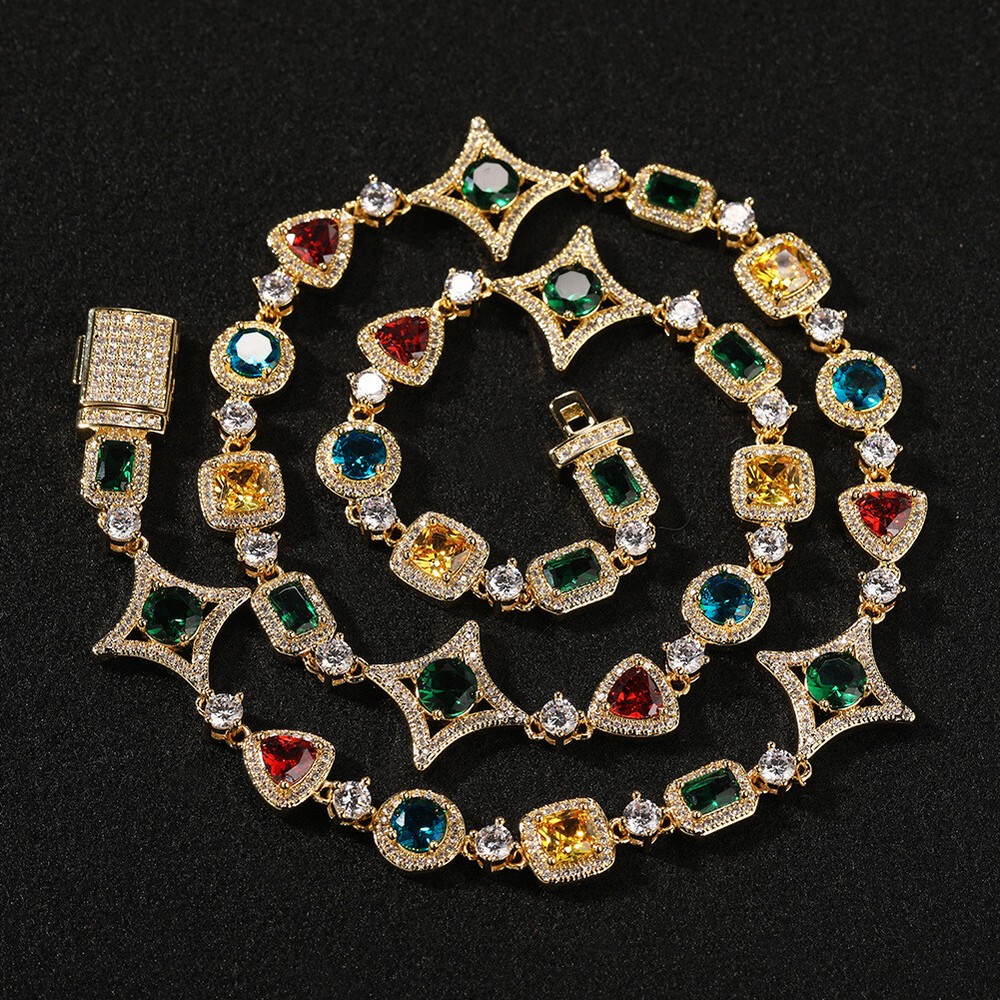 Hip Hop Tennis Chain Necklace Bracelet Set with Imitation Gemstones