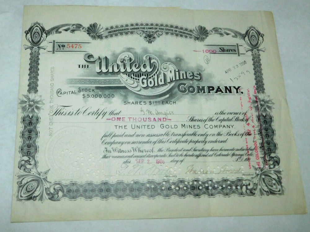 1906 United Gold Mines Company Stock Certificate Rare Collectible