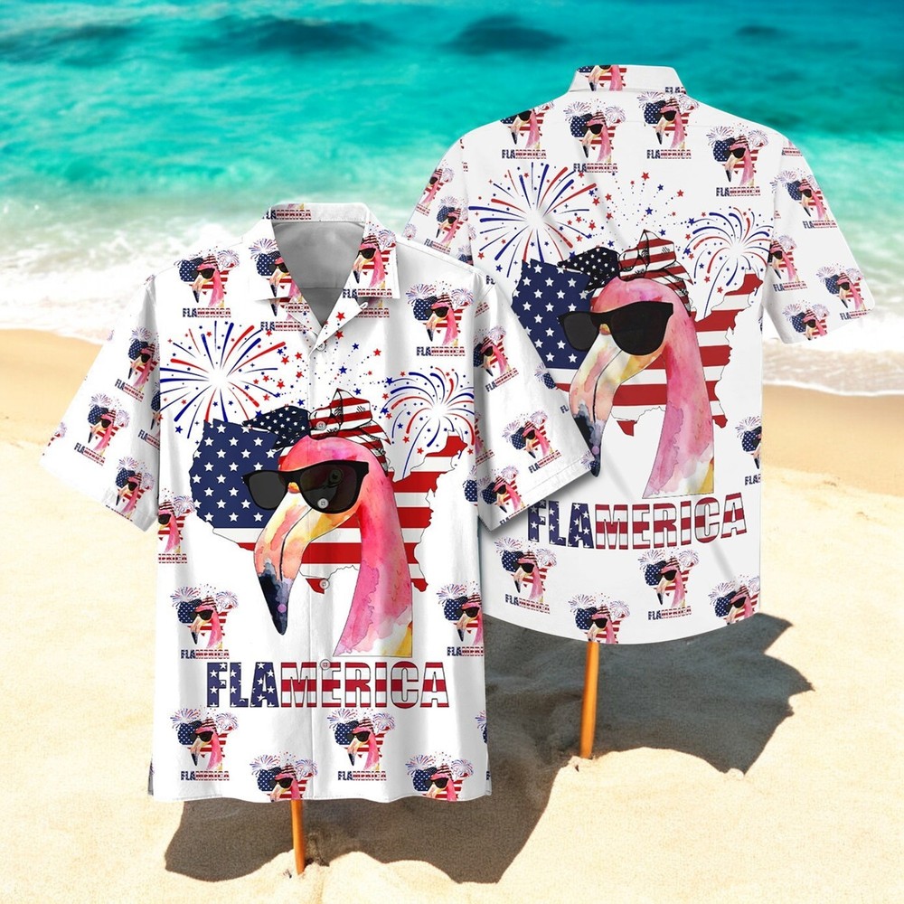 Patriotic Flamingo Hawaiian Shirt for Men in US Sizes, Perfect for Summer