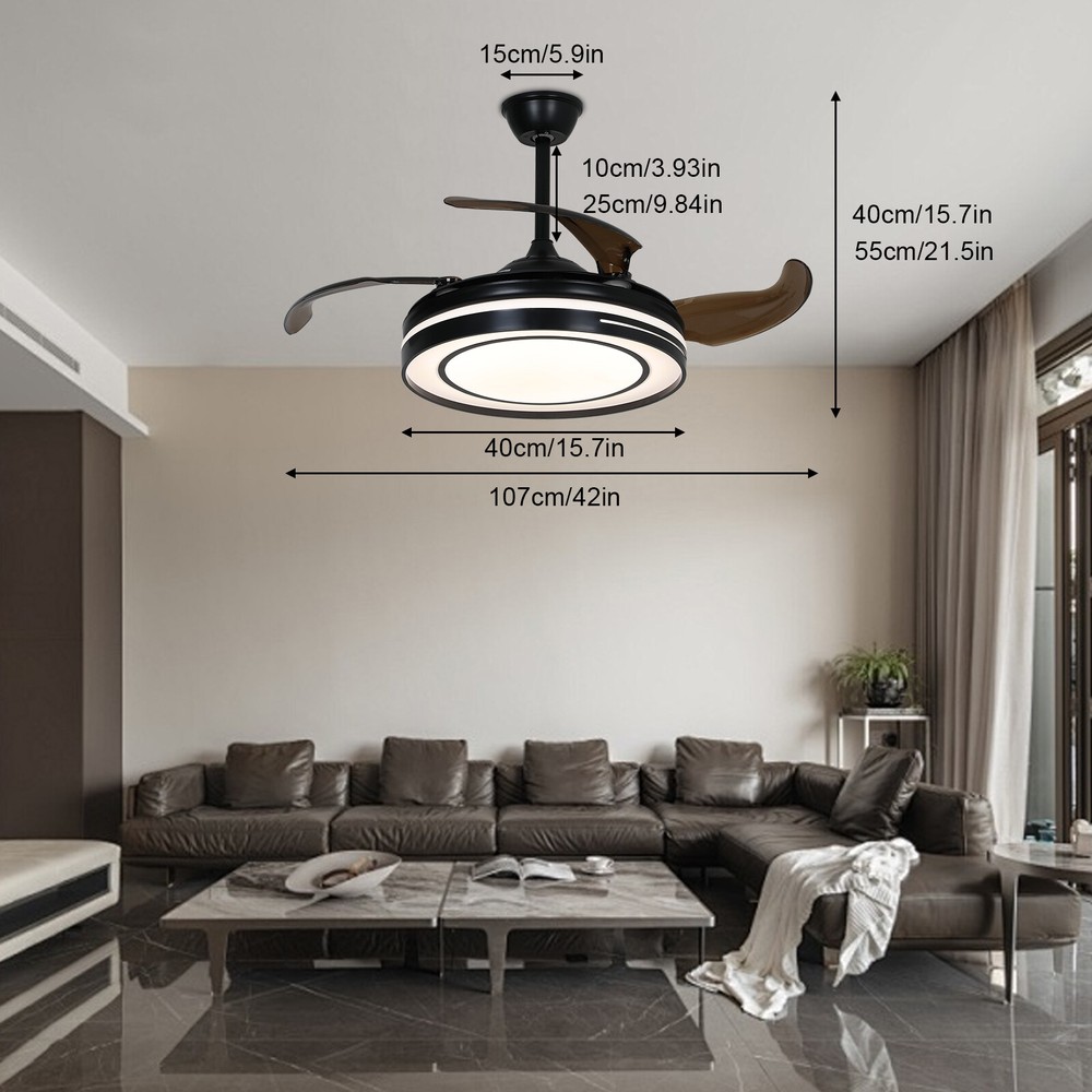 42-Inch Black Modern Retractable Ceiling Fan with Light & Remote Control Fandelier