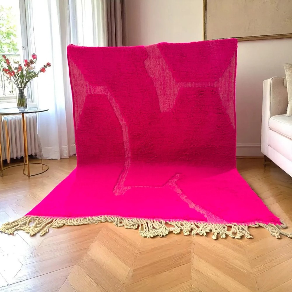 Moroccan Berber Beni Ourain Wool Rug Color Hot Pink Handmade Design Carpet Rug