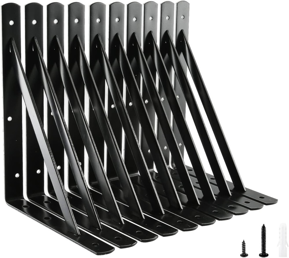 Heavy Duty Black Steel Shelf Brackets 12x8 Inch 600 lb Capacity 10-Pack
