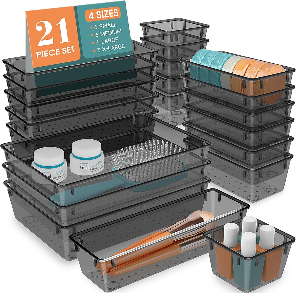21 PCS Clear Plastic Drawer Organizer Set, 4 Sizes Desk Drawer Divider Organizer