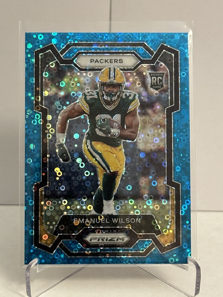 EMANUEL WILSON 2023 PANINI PRIZM ROOKIE NO HUDDLE BLUE RC 69/95