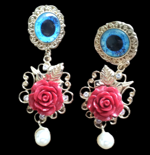 Long earrings rose faux pearl Italian designer style