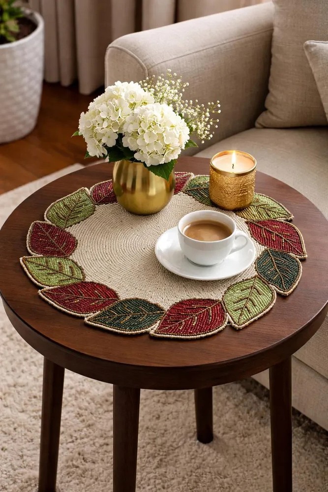 Round Beaded Placemat Set 2, Fall Leaf Floral Design, Handmade Luxury Table Mat