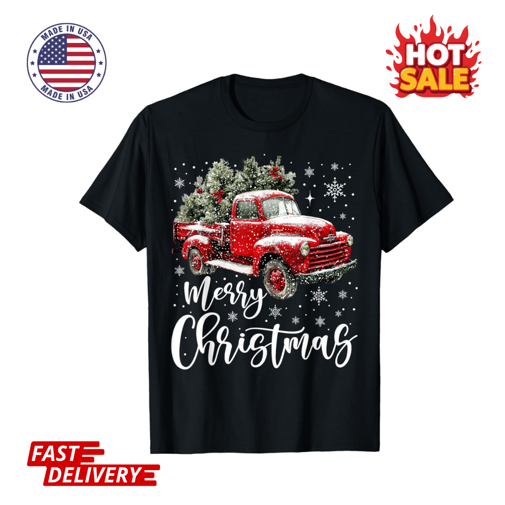 SALE Merry Christmas Red Truck Inspired Family Matching Christmas Unisex T-Shirt-image