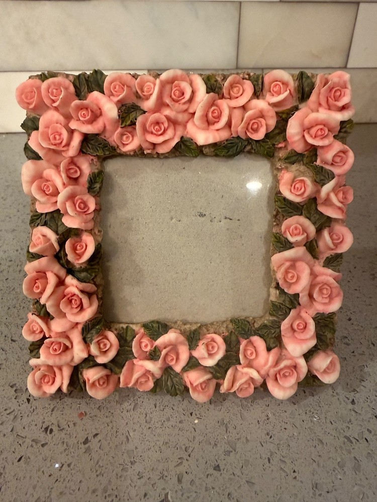 Vintage Pink Rose Floral Ceramic Photo Frame 3D Roses Shabby Chic Cottagecore