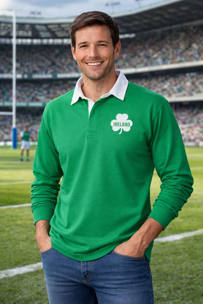 Ireland Rugby Shirt Mens Unisex Green Long Sleeve Rugby Top Embroidered Shamrock