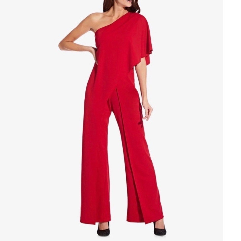 Adrianna Papell One Shoulder Wide Leg Jumpsuit 10/P Draped Flutter Sleeve Red