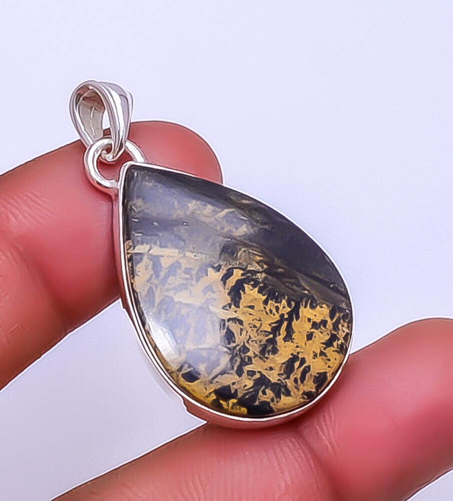 Honey Dendritic Opal - Mexico Gemstone 925 Sterling Silver Pendant 1.72