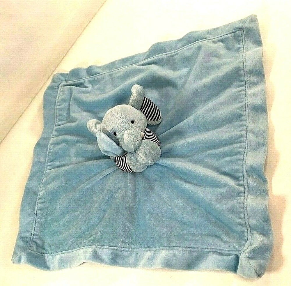 Carters Light Blue Navy Stripe Elephant Baby Satin Blanket with Rattle