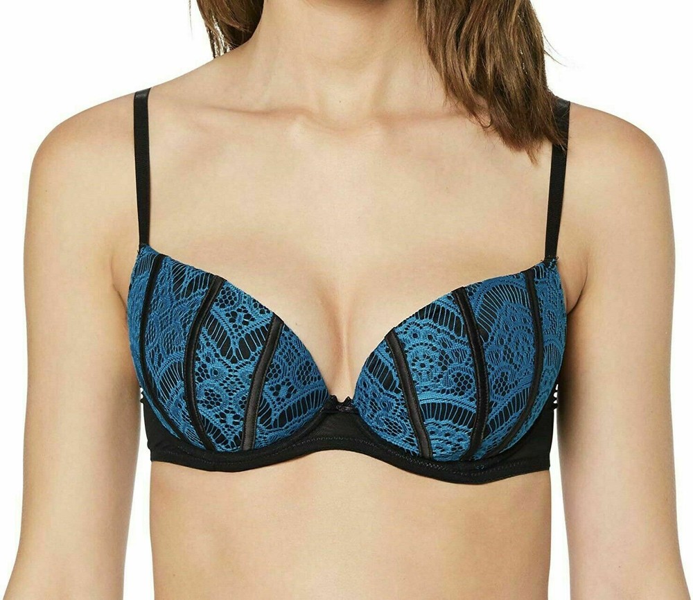 Ann Summers Kylee Bra Size 38G Black Teal Lace Underwired Padded Plunge Balcony
