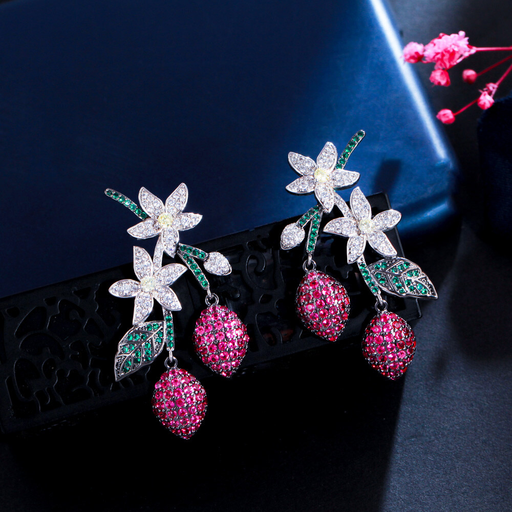 Rose Red Flower Green Leaf Drop CZ Long Dangle Earrings in Black Gold for Party