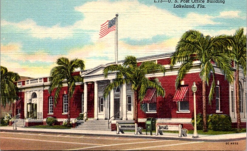 Vintage Postcard Post Office Flag Architecture Lakeland  Florida           18101