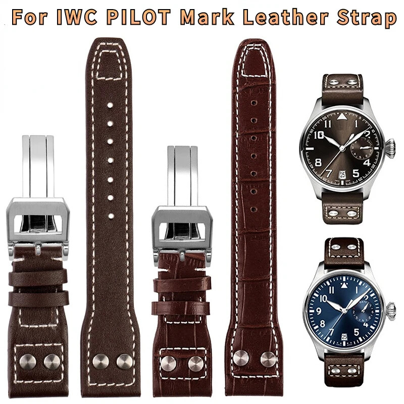 Genuine Leather Watch Strap for IWC PILOT Mark 21 22mm Bamboo Grain Rivets Band