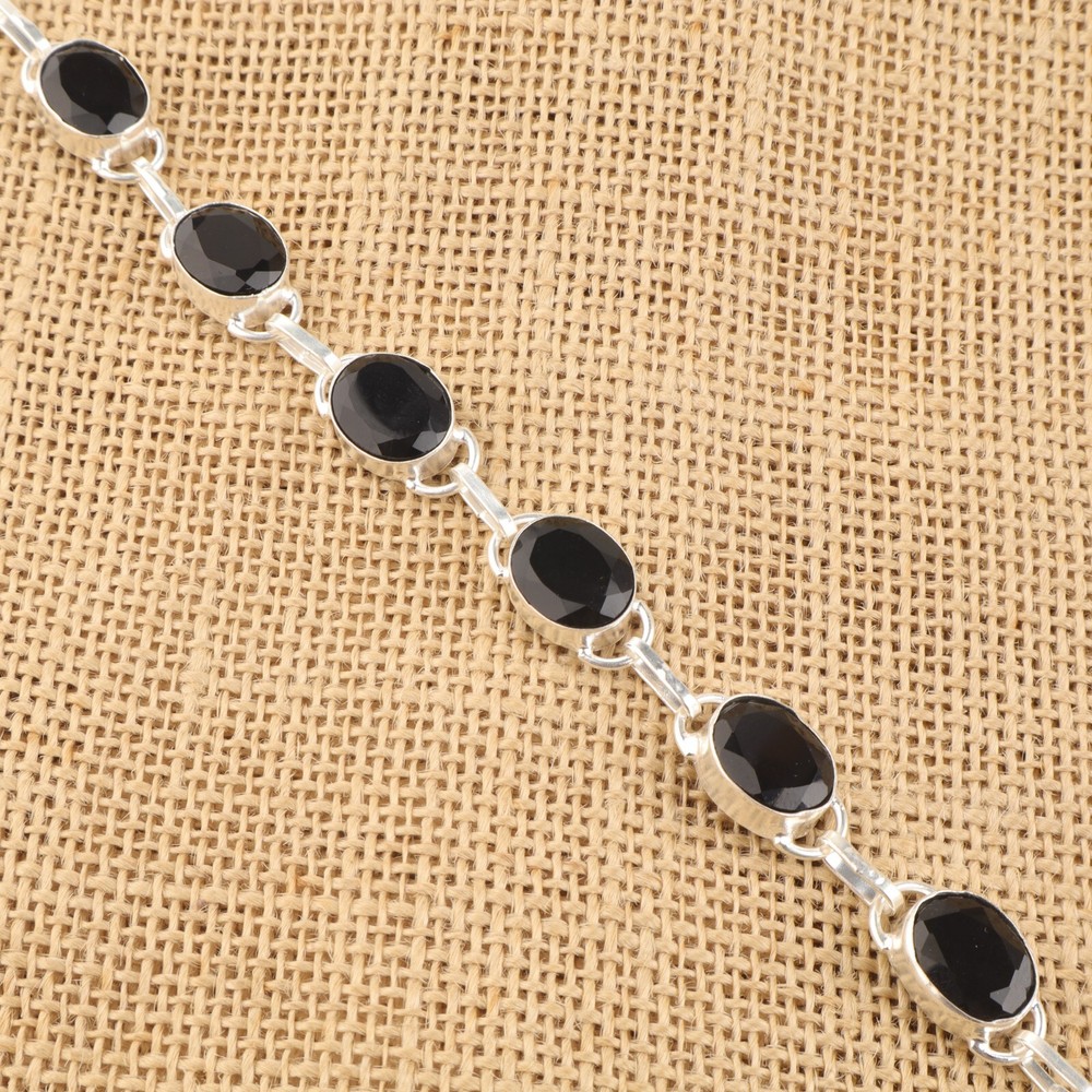 Sterling Silver Black Onyx Chain Bracelet for Mothers Valentine Jewelry Gift