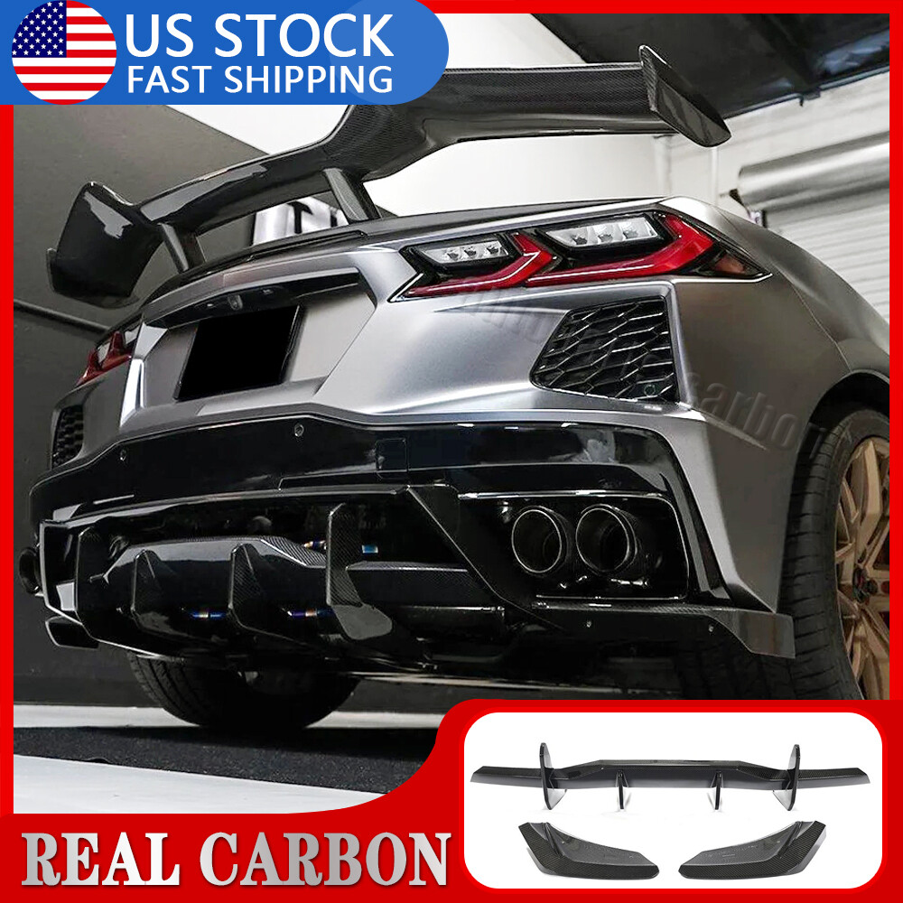 For Chevrolet Corvette C8 REAL CARBON Rear Bumper Diffuser Lip+Canards Splitter