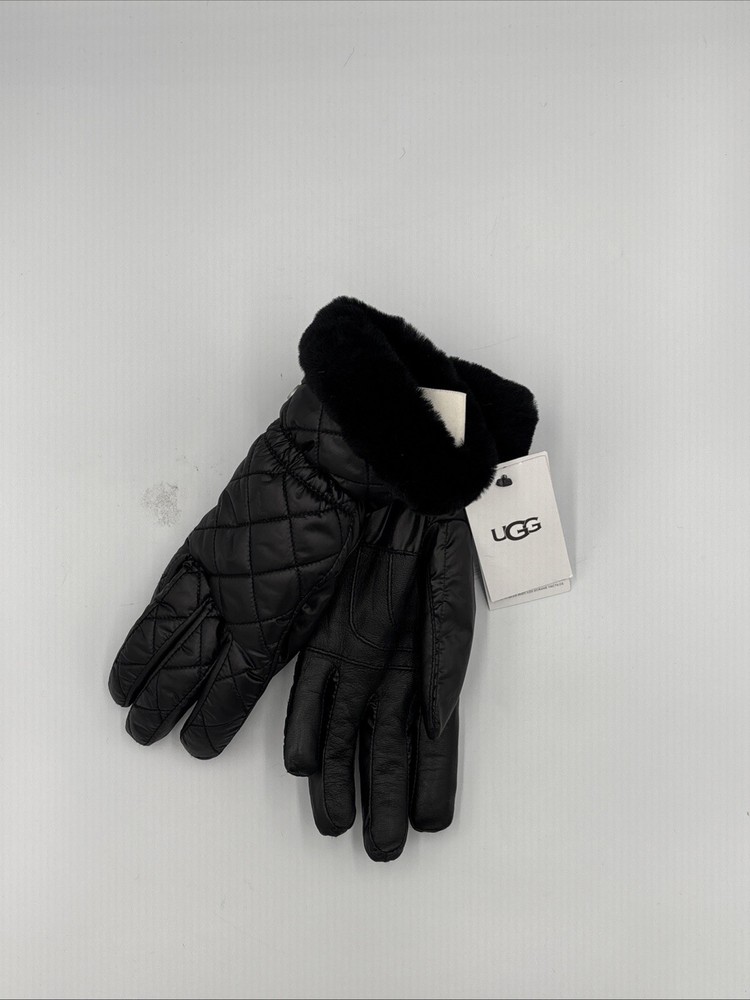 UGG Women’s Quilted All Weather Gloves Black Sz S/M Fur Cuff NWT $85 MSRP