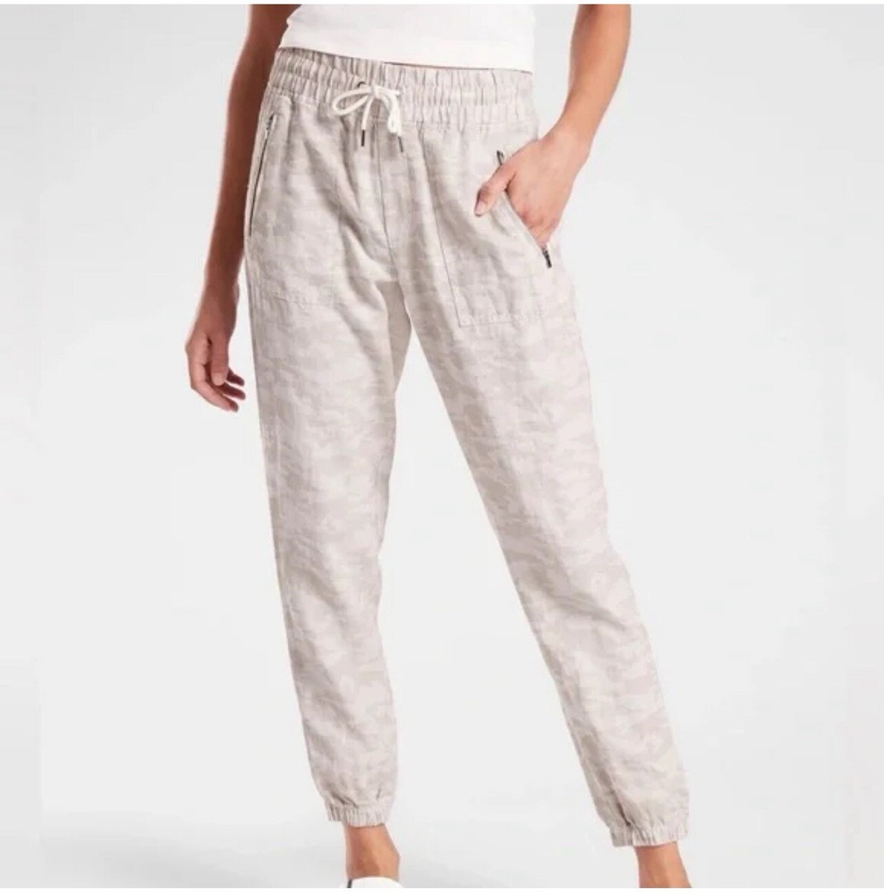 Pantalones de chándal Athleta Cabo Tide 100 % lino en camuflaje neutro talla 6 # 531156