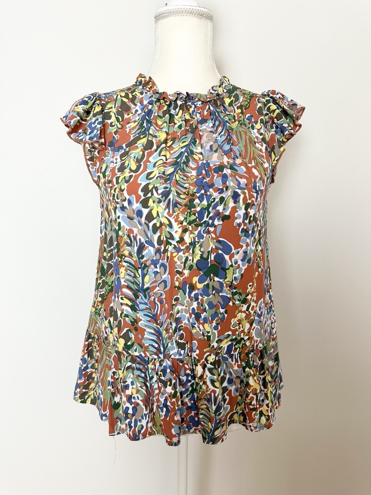 Women's Floral Ruffle Tunic Blouse with Pleated Flutter Sleeves Size S