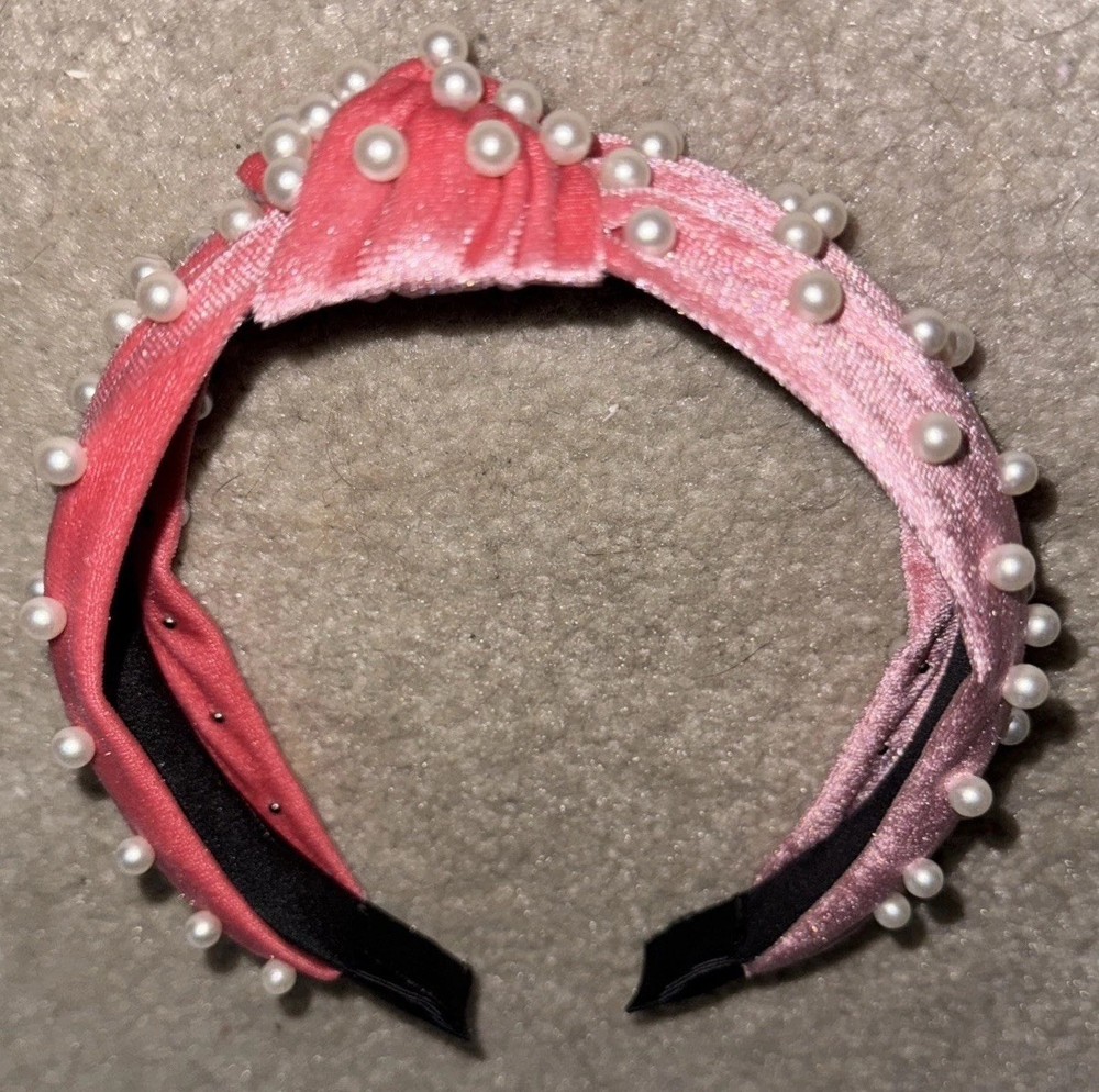 Pink Velvet Headband with Faux White Pearls for Women