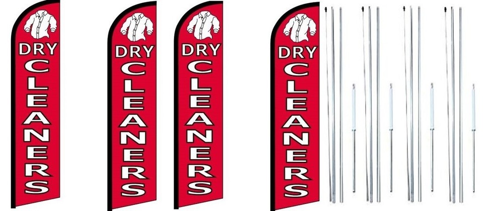 Dry Cleaners Windless Flag With Complete Hybrid Pole set- 4 pack