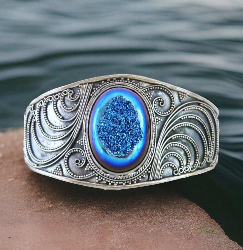 Sterling Silver 925 Electric Blue Crystal Bali Statement Cuff Bracelet