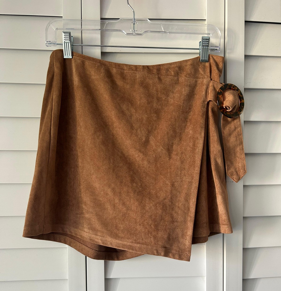 Hem & Thread Brown Faux Suede Wrap Skort Medium Short Skirt Belted