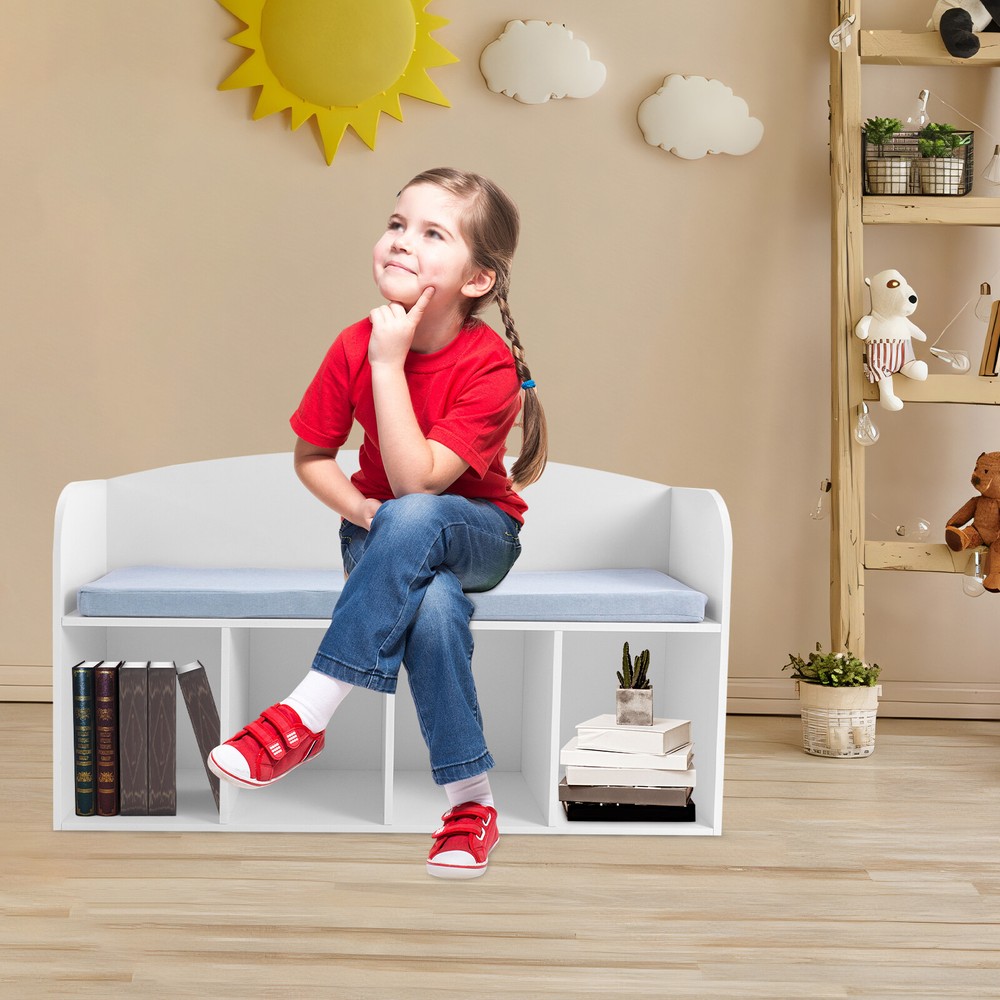 Kids Reading Bookshelf Bookcase Storage Organizer with Bench Seat Cushion White