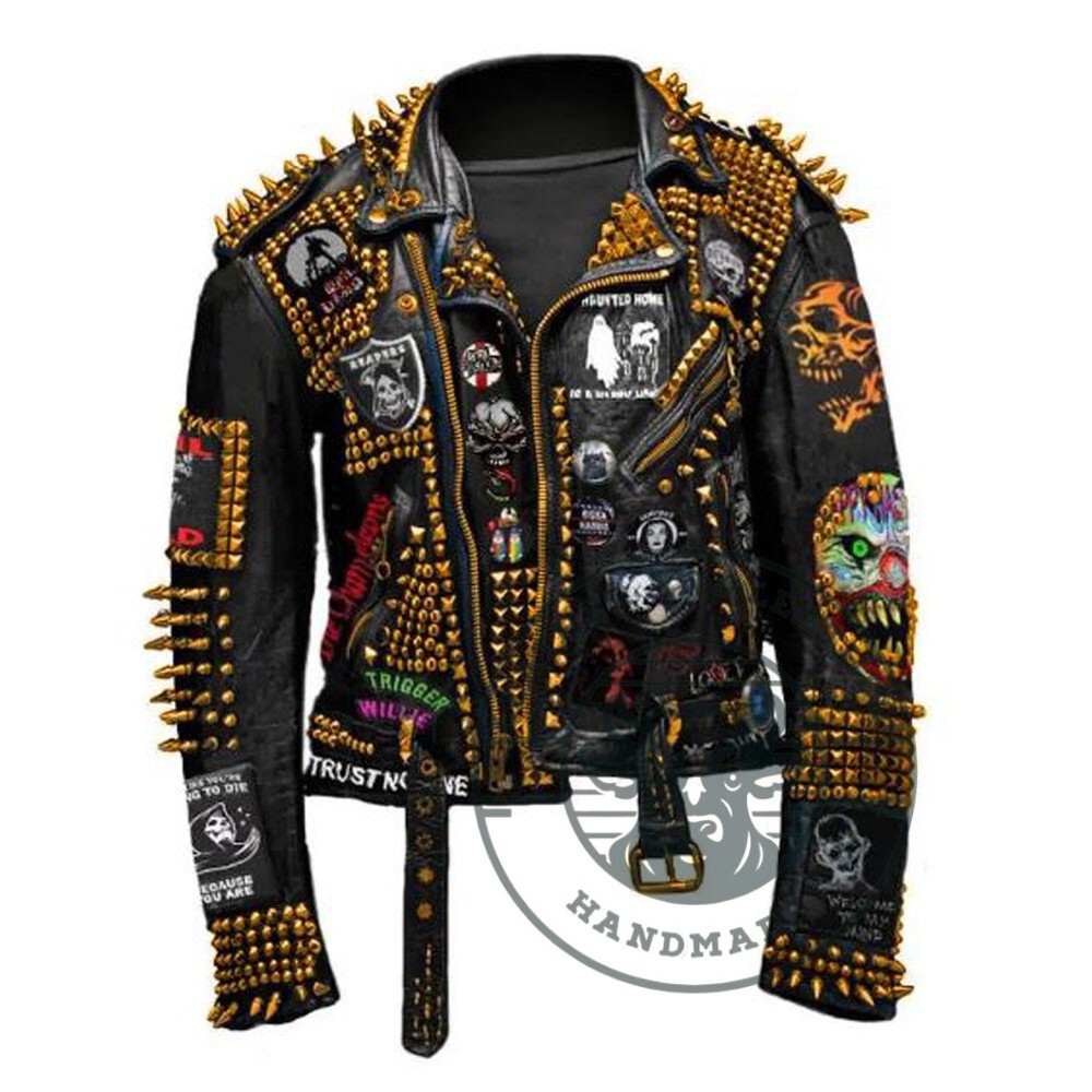 Men Black Leather Jacket with Golden Studs Punk Style Clone Loine Patches
